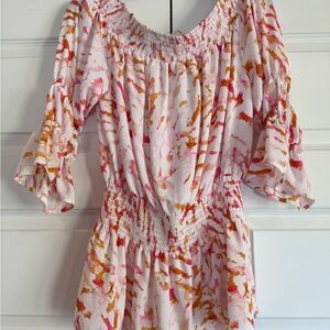 CAbi Pink/Orange Patterned Off Shoulder Top!